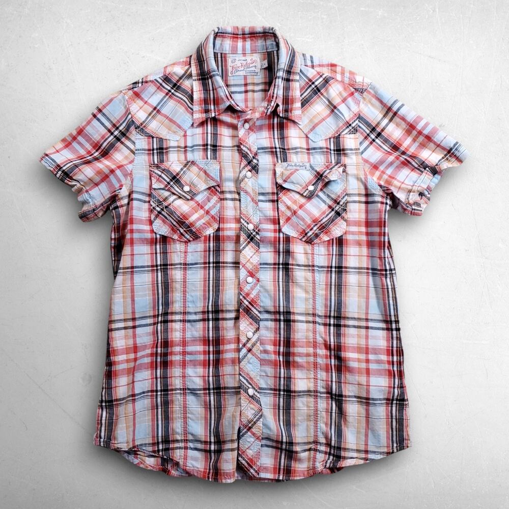 True Religion Rocky Western Shirt Men M Plaid Pearl Snaps Short Sleeve Cowboy